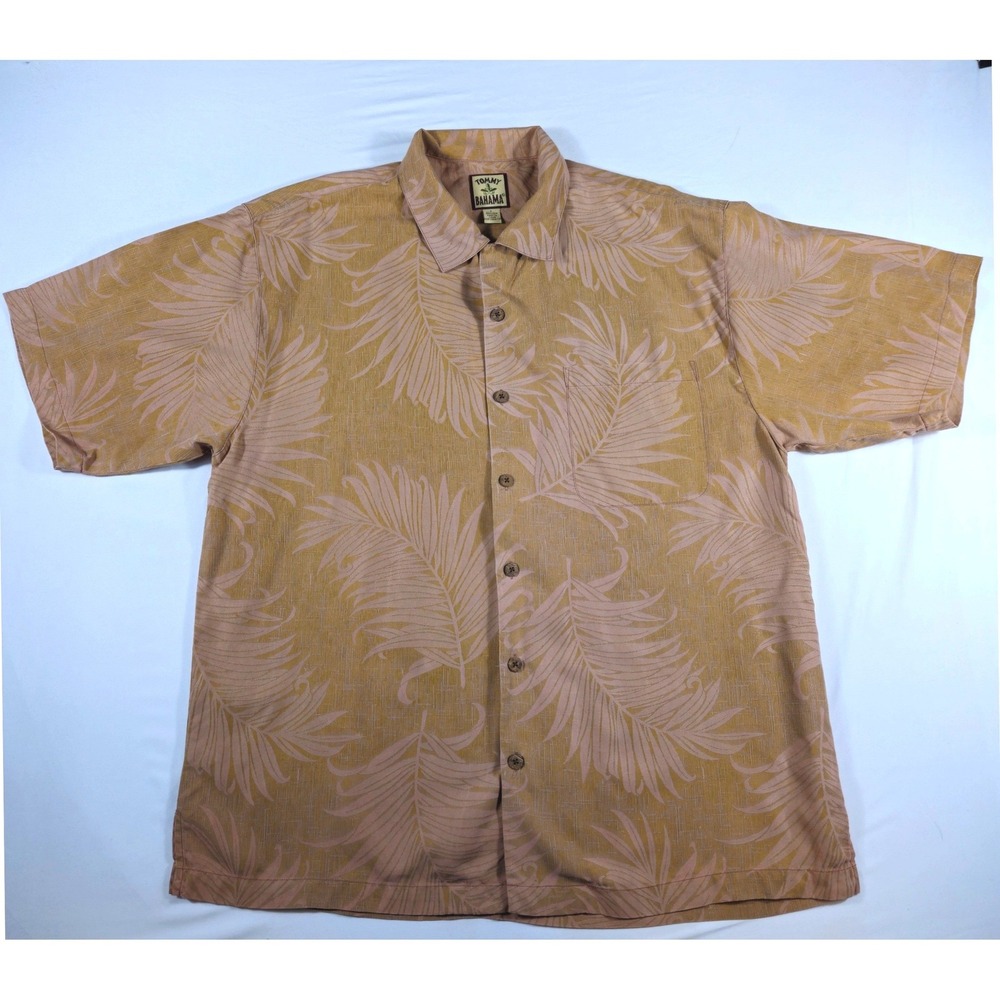 Tommy Bahama Relax Mens L Silk Palm Leaf Print Camp Shirt Tan Short Sleeve Slub